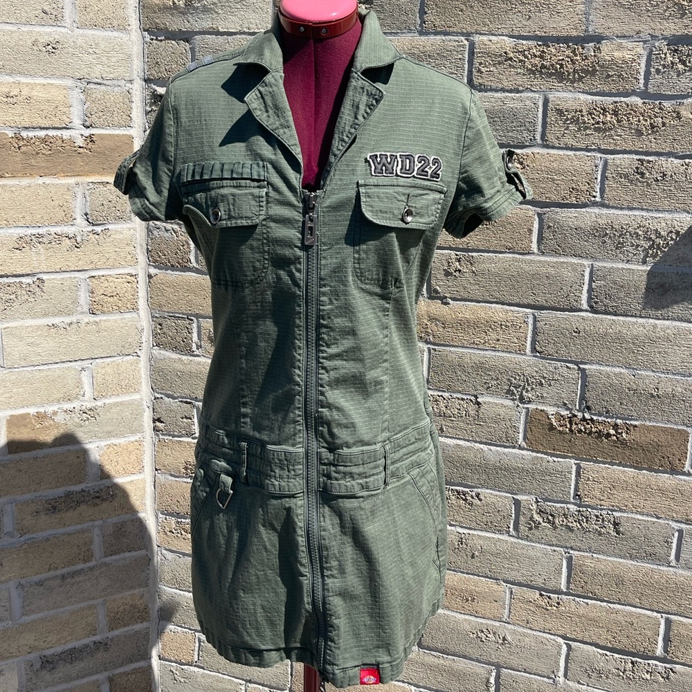 Dickies "Annie" Zip-up Vintage Utility Dress Army Green Y2K Mini Coverall sz Lg